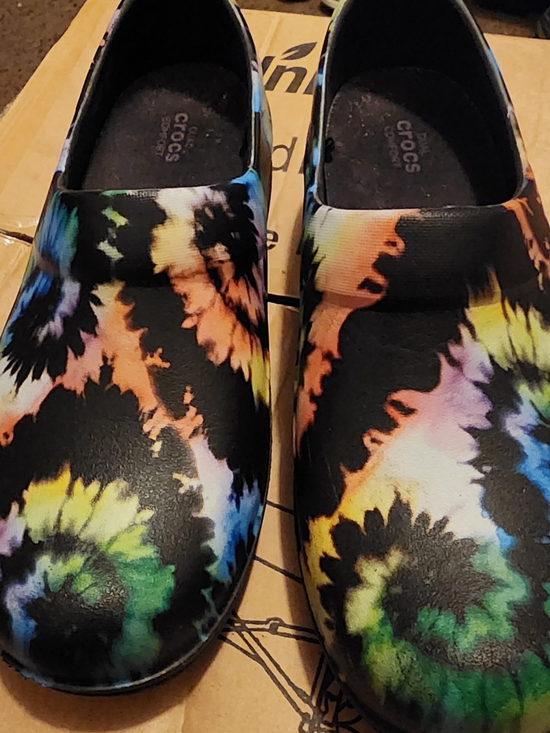 CROCS Shoes - CROCS Tie-Dye Slip-On Clogs in Black with Rainbow Swirls Size7W